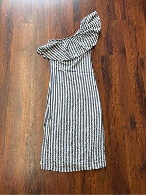 Bershka One Shoulder Striped Maxi Dress Navy White